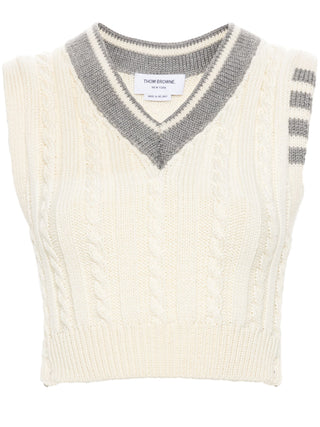 Thom Browne Classic Baby Cable Stitch Cropped V Neck - SHEET-1 - LISBON STORE