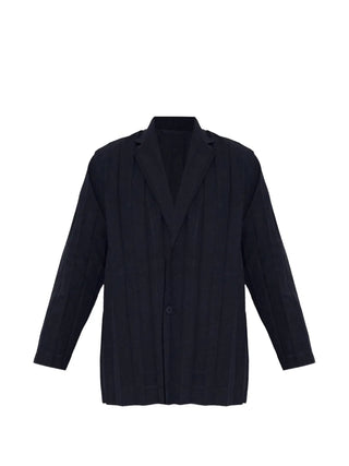 Issey Miyake blue Edge Ensemble Jacket with V-neck and button fastening — sculptural layering piece, available at our Lisbon store.