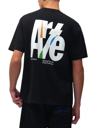 Black short-sleeve t-shirt with colorful logo on the back