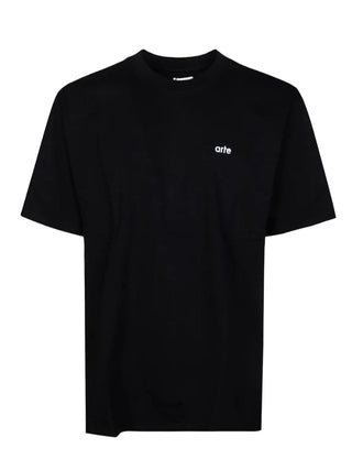 Black short-sleeve t-shirt with a small white Arte logo
