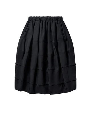 BLACK Comme des Garçons raw-edge layered skirt. Raw edge detailing and an elasticated drawstring waist. A mid-length piece in 100% polyester.