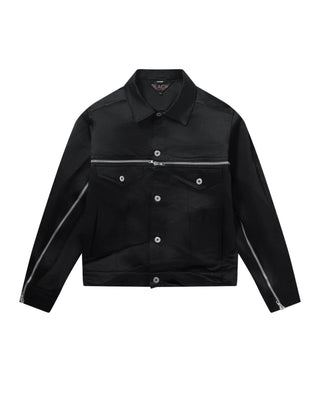 BLACK Comme des Garçons zip jacket. Polyester construction with a classic collar, front button pockets, and zip detail from arm across chest. 