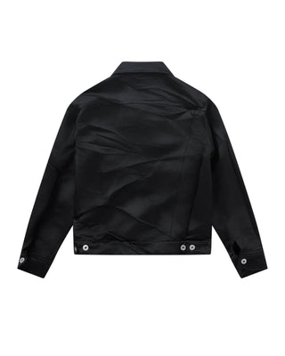 BLACK Comme des Garçons zip jacket. Polyester construction with a classic collar, front button pockets, and zip detail from arm across chest. 