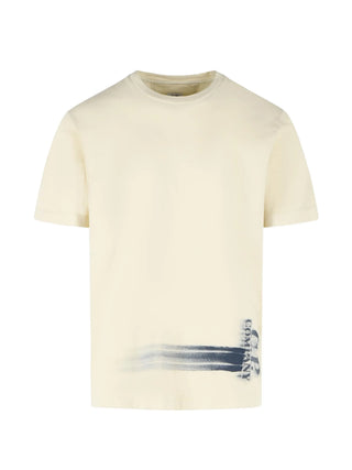 C.P. Company light beige cotton T-shirt with ribbed crew neck and graphic hem detail. Made in Italy, available at our Lisbon store.