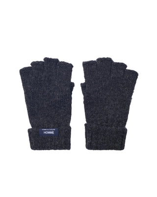 COMME DES GARÇONS HOMME fingerless gloves. Crafted in a soft wool-blend with ribbed cuffs and a signature logo tab. Touch-screen compatible and made in Japan.