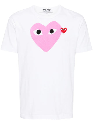 Comme des Garçons PLAY crew-neck T-shirt. Dual branding with all-over graphic hearts plus signature logo. Soft cotton jersey with short sleeves and classic fit.