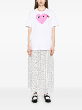 Comme des Garçons PLAY crew-neck T-shirt. Dual branding with all-over graphic hearts plus signature logo. Soft cotton jersey with short sleeves and classic fit.