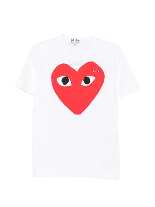 Comme des Garçons PLAY T-shirt with heart-print and signature logo patch. Cotton jersey construction with large heart graphic plus embroidered heart patch.