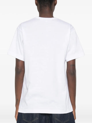Comme des Garçons PLAY T-shirt with heart-print and signature logo patch. Cotton jersey construction with large heart graphic plus embroidered heart patch.