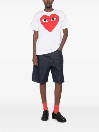 Comme des Garçons PLAY T-shirt with heart-print and signature logo patch. Cotton jersey construction with large heart graphic plus embroidered heart patch.