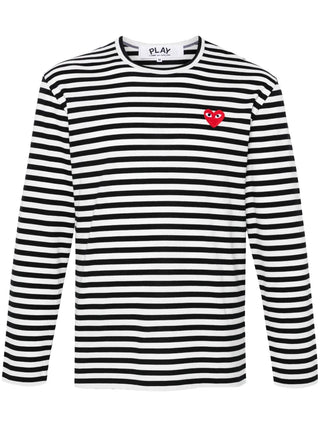PLAY striped T-shirt by Comme des Garçons featuring signature heart motif. Cotton jersey construction with nautical stripe pattern and embroidered patch. 
