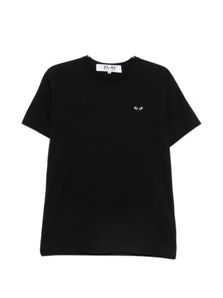 Comme des Garçons PLAY T-shirt with iconic heart patch embroidery. Pure cotton jersey with relaxed crewneck fit, heart-shaped logo with eyes at chest.