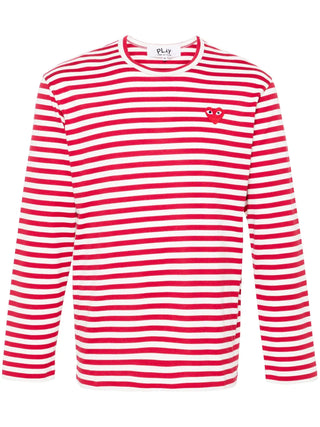 Comme des Garçons PLAY striped T-shirt with iconic heart patch logo. Horizontal stripes in contrasting colors. Embroidered red heart-logo with eyes. 