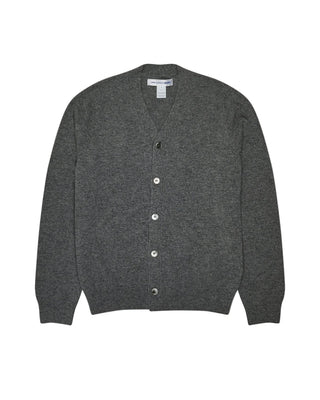 COMME DES GARÇONS SHIRT FOREVER V-neck cardigan. Fully fashioned knit, button placket, and ribbed trims. 100% lambswool. Available at our Lisbon store. 