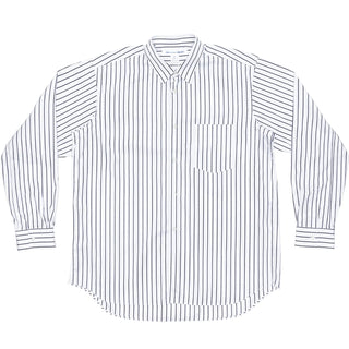 A generous, wide-fit shirt in striped cotton poplin. Features a single chest pocket, buttoned cuffs, and a curved hem with a centre back box pleat.
