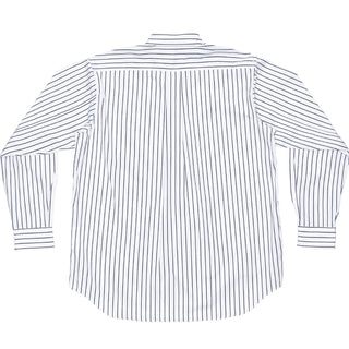 A generous, wide-fit shirt in striped cotton poplin. Features a single chest pocket, buttoned cuffs, and a curved hem with a centre back box pleat.