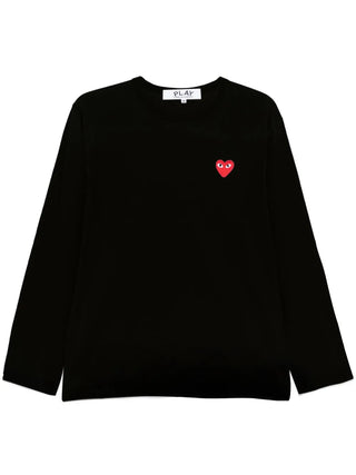Comme des Garçons PLAY long-sleeve T-shirt with heart patch. Soft cotton jersey with extended sleeves for cooler weather. Available at our Lisbon store.