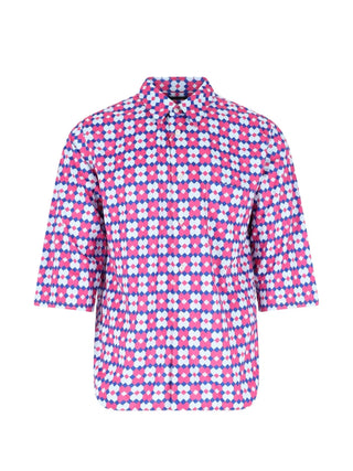 Comme des Garçons Homme Plus pink and blue geometric shirt with short sleeves. Modern and bold, available at our Lisbon store.