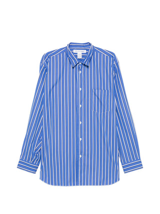 Comme des Garçons Shirt blue cotton striped shirt with classic collar and curved hem. A versatile essential, available at our Lisbon store.