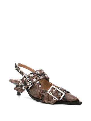 GANNI snake-effect mules with kitten heel, buckle straps and slingback design, available at our Lisbon store.