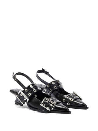Ganni Feminine Buckle Kitten Heel in black with eyelet details and slingback strap. Elegant style available at our Lisbon store.