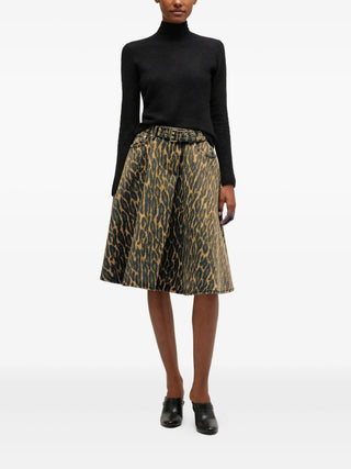 Ganni Print Denim Wrap Midi Skirt in brown animal print with belt detail. Chic and versatile, available at our Lisbon store.