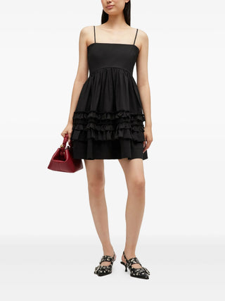 Ganni Stretch Cotton Mini Strap Dress in black with ruffled tiers and smocked back. Effortless style available at our Lisbon store.