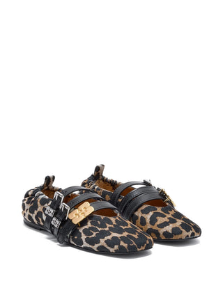 Ganni Sue Triple Ballerina in leopard flocked denim with triple straps, chic and comfortable. Available at our Lisbon store.
