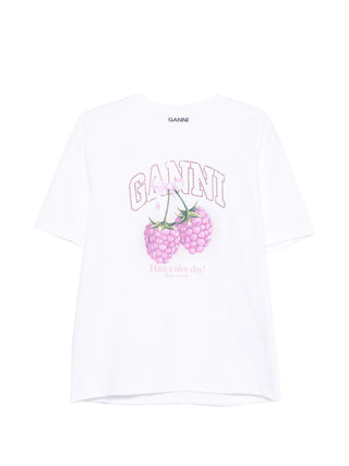 White t-shirt with pink grapes and 'Ganni' logo.