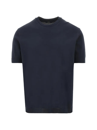 HERNO blue short-sleeved T-shirt with round neck and ribbed detailing. A refined essential, available at our Lisbon store.