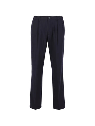 HERNO blue tailored trousers with elasticated waistband and welt pockets. A refined essential, available at our Lisbon store.