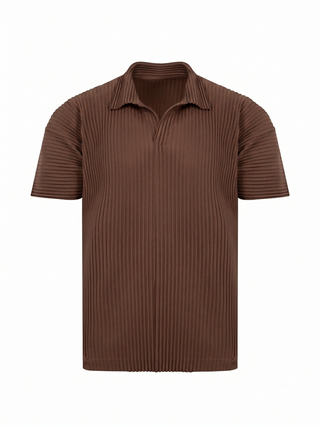 Homme Plissé Issey Miyake brown pleated shirt with polo collar and relaxed fit. Lightweight design. Available at our Lisbon store.