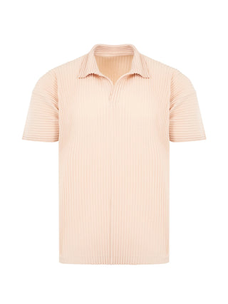 Homme Plissé Issey Miyake light pink pleated shirt with polo collar and relaxed fit. Lightweight style. Available at our Lisbon store.