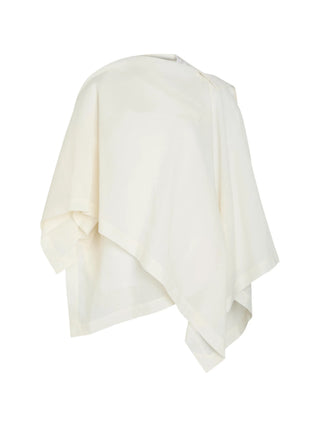 Issey Miyake All Squares blouse in white with draped design and asymmetric details. Fluid, modern fit. Available at our Lisbon store.