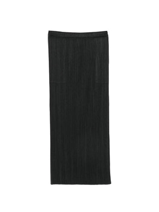 Issey Miyake black plissé midi skirt with elasticated waist and straight fit. Lightweight and versatile, available at our Lisbon store.