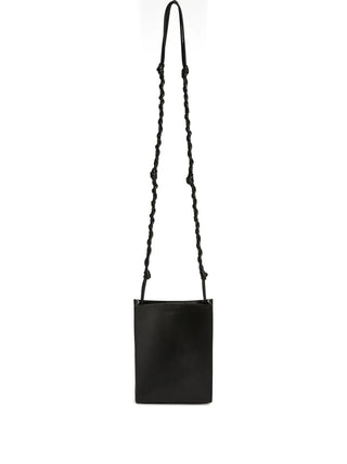 Jil Sander Tangle black calf leather shoulder bag with knot detail and magnetic closure. Compact and refined, available at our Lisbon store.