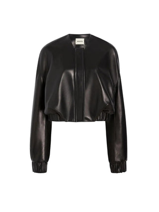 KHAITE Cordan jacket. A reimagined bomber in soft nappa leather. Cropped, rounded silhouette with signature armhole seaming and elasticated trims. 