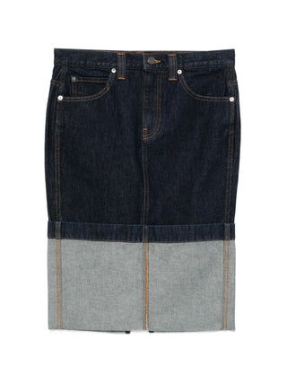 Two-tone denim skirt in dark blue with lighter section at the hem of the skirt. 