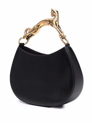 Black handbag with a gold handle featuring a cat design