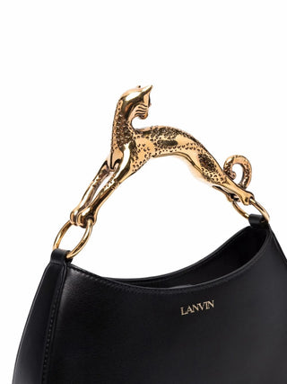 Black handbag with gold handle featuring the Lanvin brand logo