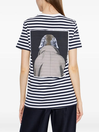 Max Mara striped t-shirt in pure cotton. Features a crew neck, short sleeves, and a graphic art print on striped background. Available at our Lisbon store.