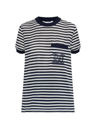 MAX MARA Drago t-shirt. Striped openwork knit, embroidered chest pocket, and Italian-made luxury. Modern sophistication,  available at our Lisbon store.
