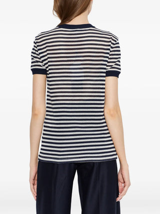 MAX MARA Drago t-shirt. Striped openwork knit, embroidered chest pocket, and Italian-made luxury. Modern sophistication,  available at our Lisbon store.