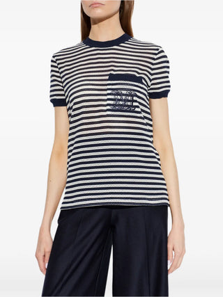 MAX MARA Drago t-shirt. Striped openwork knit, embroidered chest pocket, and Italian-made luxury. Modern sophistication,  available at our Lisbon store.