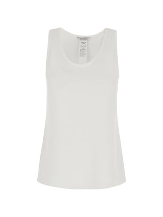 MAX MARA Pavido silk tank top with tonal monogram embroidery and side slits. Sleeveless, scoop neck. Italian luxury, available at our Lisbon store. 