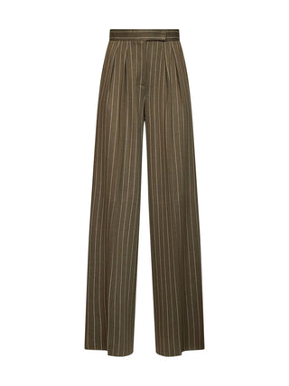 Max Mara Rio pinstripe wide-leg trousers. Luxurious viscose-wool blend with double pleats and a high waist. Italian-inspired tailoring.