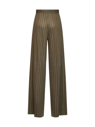 Max Mara Rio pinstripe wide-leg trousers. Luxurious viscose-wool blend with double pleats and a high waist. Italian-inspired tailoring.
