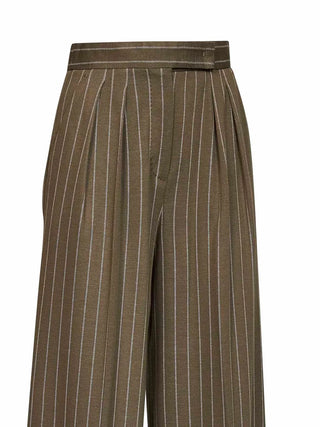 Max Mara Rio pinstripe wide-leg trousers. Luxurious viscose-wool blend with double pleats and a high waist. Italian-inspired tailoring.