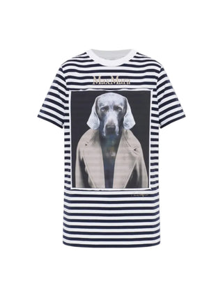 Max Mara striped t-shirt in pure cotton. Features a crew neck, short sleeves, and a graphic art print on striped background. Available at our Lisbon store.