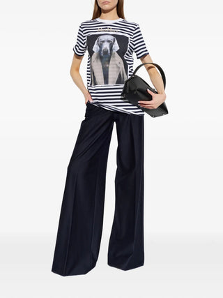 Max Mara striped t-shirt in pure cotton. Features a crew neck, short sleeves, and a graphic art print on striped background. Available at our Lisbon store.